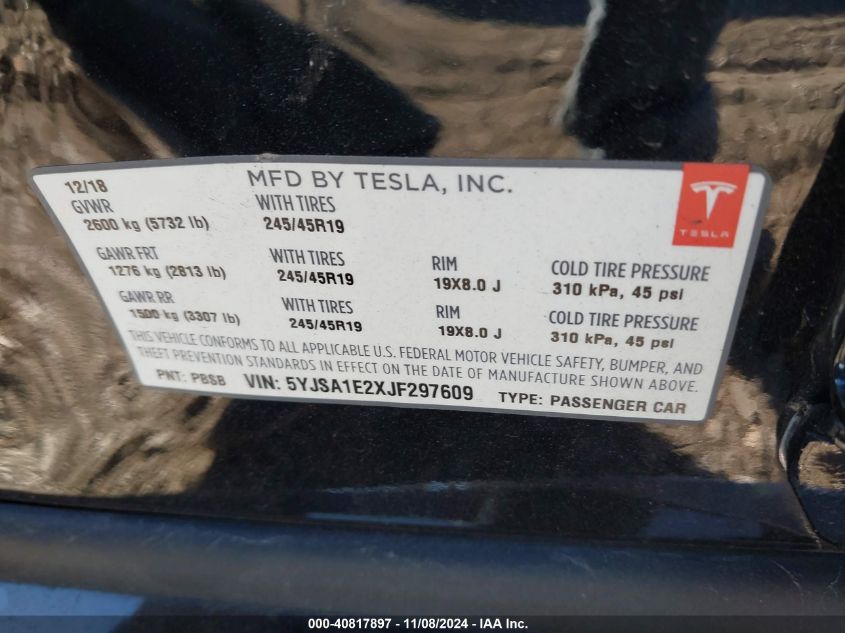 2018 TESLA MODEL S VIN: 5YJSA1E2XJF297609