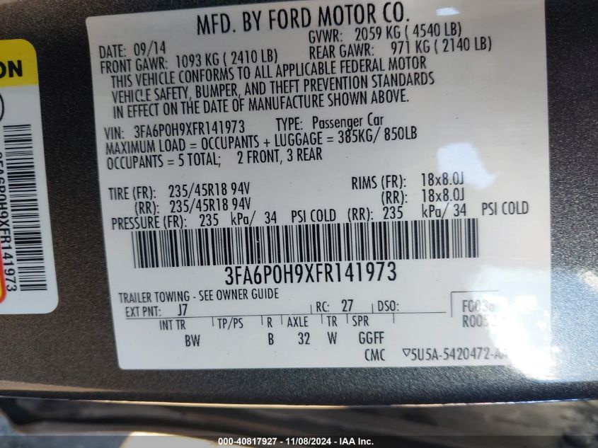 2015 Ford Fusion Se VIN: 3FA6P0H9XFR141973 Lot: 40817927