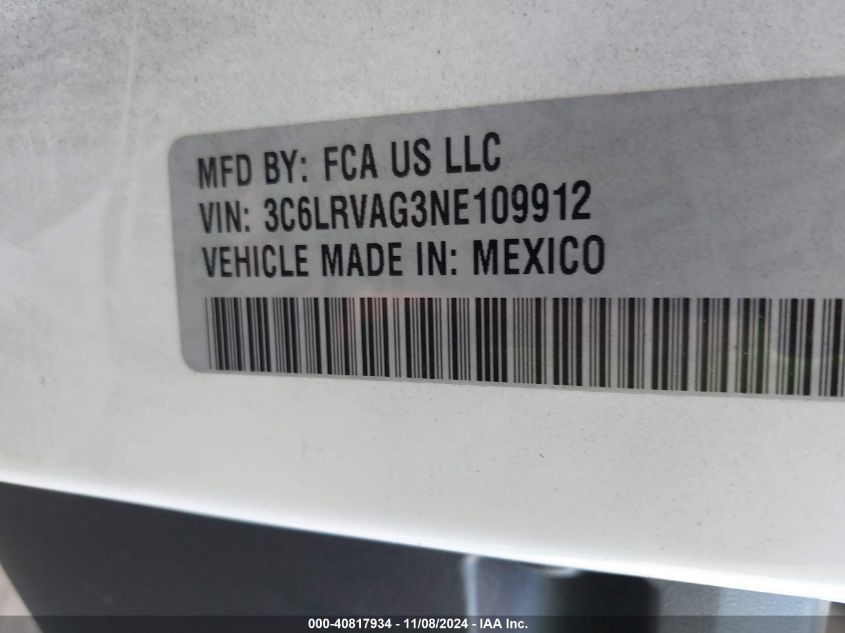 2022 Ram Promaster 1500 Low Roof 136 Wb VIN: 3C6LRVAG3NE109912 Lot: 40817934