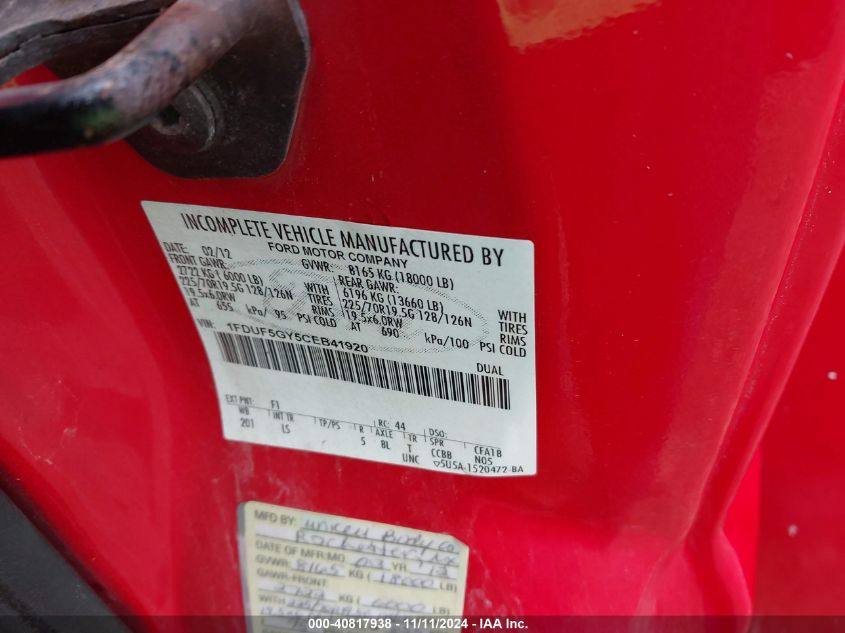 2012 Ford F550 Super Duty VIN: 1FDUF5GY5CEB41920 Lot: 57096334