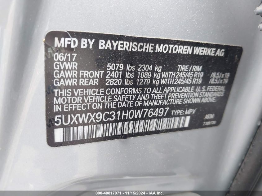 2017 BMW X3 XDRIVE28I - 5UXWX9C31H0W76497