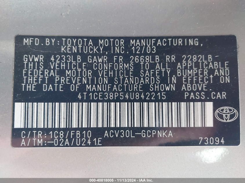 2004 Toyota Camry Solara Se VIN: 4T1CE38P54U842215 Lot: 40818005