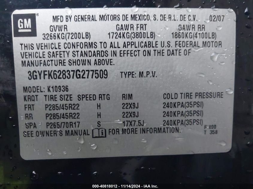 2007 Cadillac Escalade Ext Standard VIN: 3GYFK62837G277509 Lot: 40818012