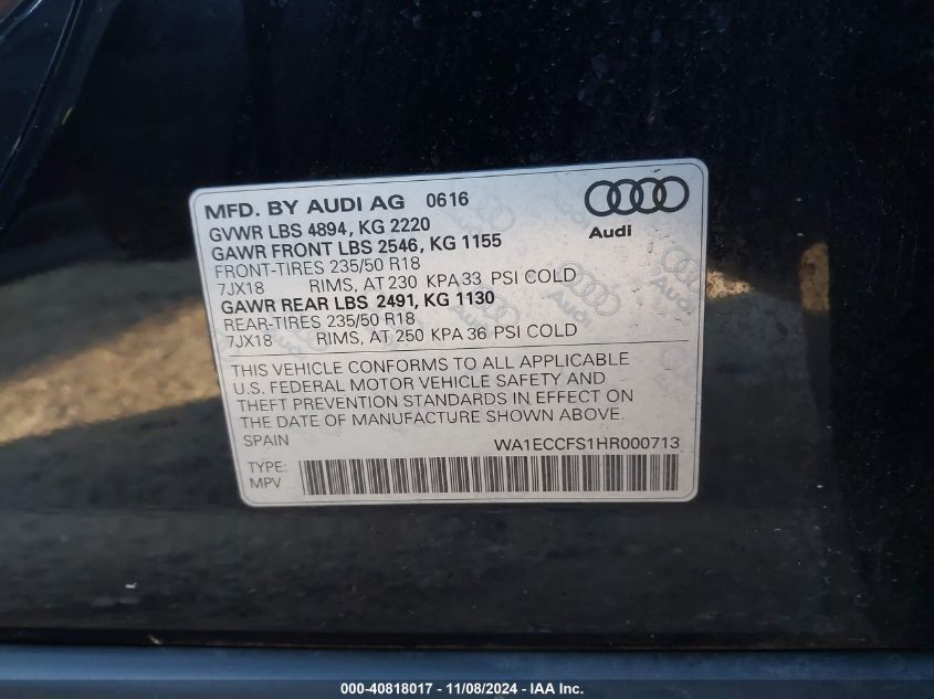 2017 AUDI Q3 2.0T PREMIUM - WA1ECCFS1HR000713