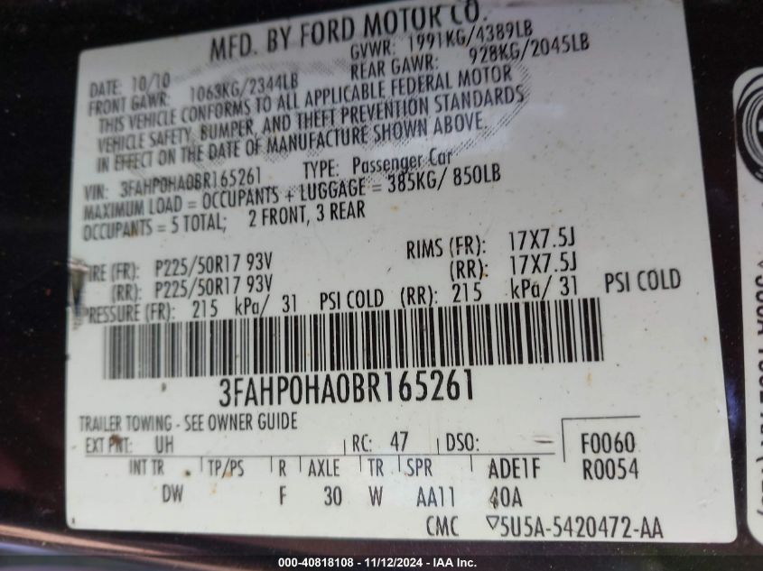 2011 Ford Fusion Se VIN: 3FAHP0HA0BR165261 Lot: 40818108