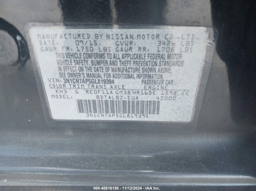 VIN 3N1CN7AP5GL819394 2016 Nissan Versa, 1.6 S/1.6... no.9