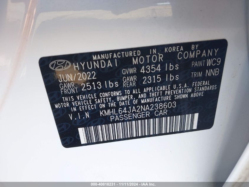 2022 Hyundai Sonata Sel VIN: KMHL64JA2NA238603 Lot: 40818231