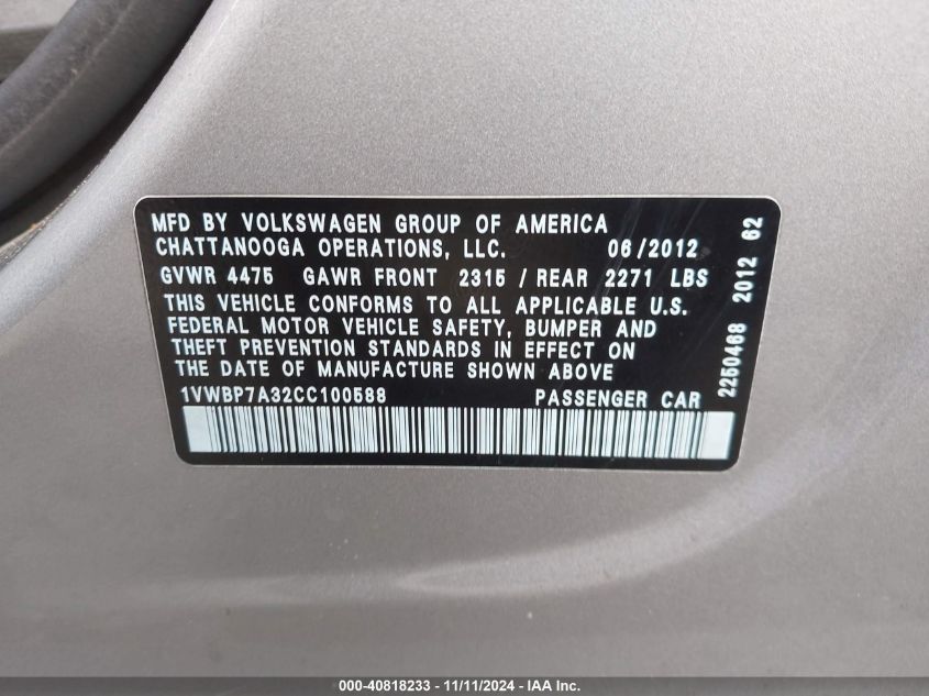 2012 Volkswagen Passat Se VIN: 1VWBP7A32CC100588 Lot: 40818233