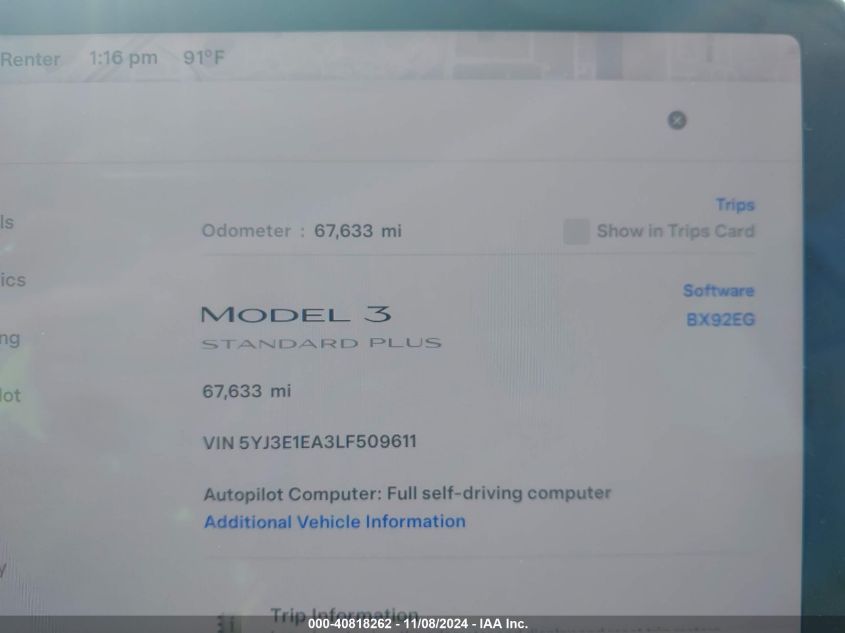 2020 TESLA MODEL 3 STANDARD RANGE PLUS REAR-WHEEL DRIVE/STANDARD RANGE REAR-WHEEL DRIVE - 5YJ3E1EA3LF509611