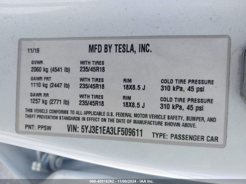 2020 Tesla Model 3 Standard Range Plus Rear-Wheel Drive/Standard Range Rear-Wheel Drive VIN: 5YJ3E1EA3LF509611 Lot: 40818262