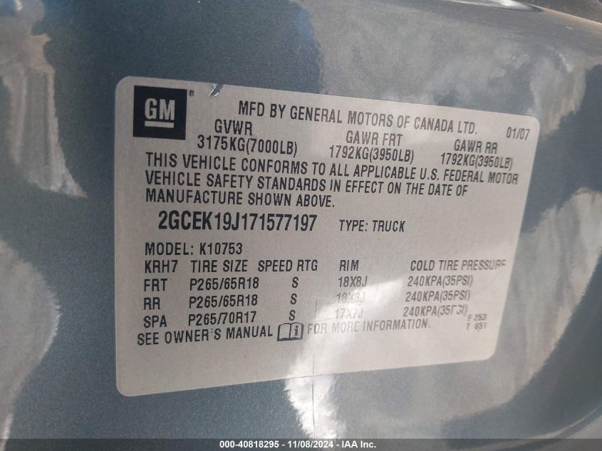 2007 GMC Sierra 1500 Sle1/Sle2/Slt/Work Truck VIN: 2GTEK19J171577197 Lot: 40818295