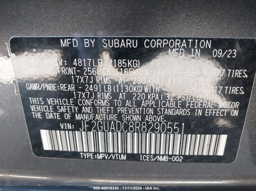 2024 Subaru Crosstrek Premium VIN: JF2GUADC8R8290551 Lot: 40818330