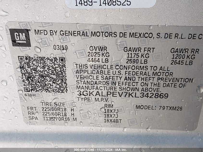 VIN 3GKALPEV7KL342869 2019 GMC TERRAIN SLT
