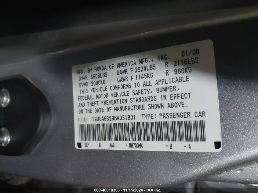 2008 Acura Tl 3.2 VIN: 19UUA66298A031801 Lot: 40818355