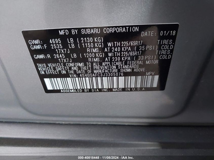 VIN 4S4BSAFC3J3305076 2018 Subaru Outback, 2.5I Pre... no.9