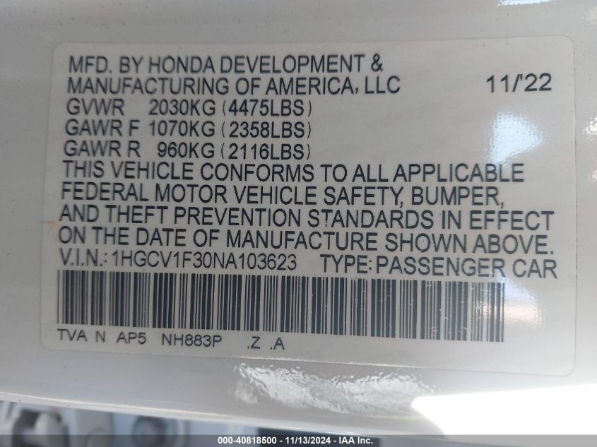 VIN 1HGCV1F30NA103623 2022 HONDA ACCORD no.9