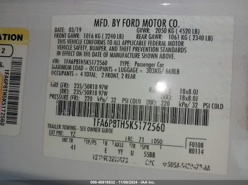 VIN 1FA6P8TH5K5172560 2019 Ford Mustang, Ecoboost P... no.9