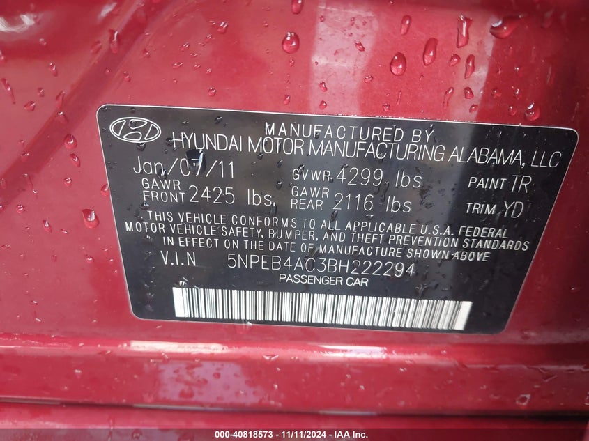 2011 Hyundai Sonata Gls VIN: 5NPEB4AC3BH222294 Lot: 40818573