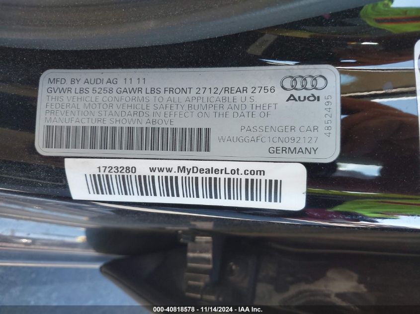 2012 Audi A6 3.0 Premium VIN: WAUGGAFC1CN092127 Lot: 40818578