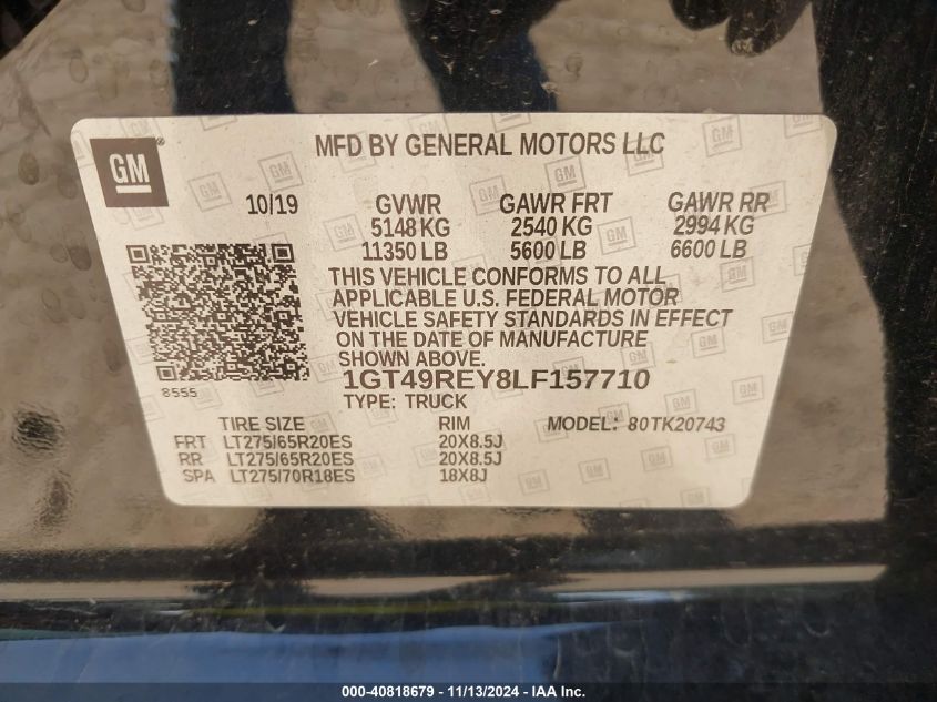 2020 GMC Sierra 2500Hd 4Wd Standard Bed Denali VIN: 1GT49REY8LF157710 Lot: 40818679