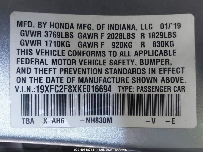 2019 Honda Civic Sport VIN: 19XFC2F8XKE016694 Lot: 40818713