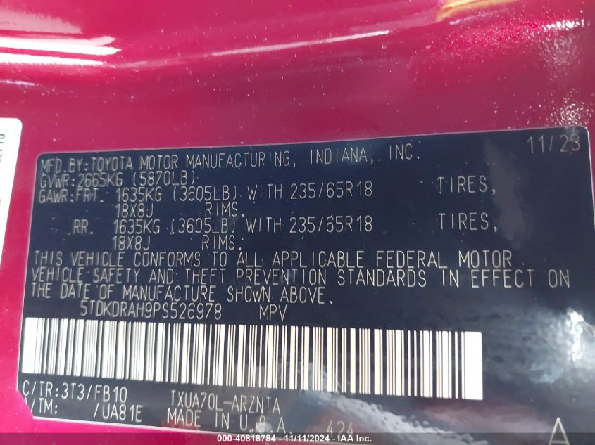 2023 TOYOTA HIGHLANDER VIN: 5TDKDRAH9PS526978