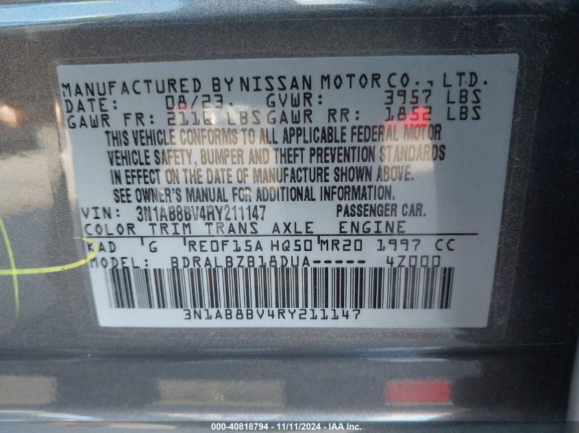 2024 Nissan Sentra S Xtronic Cvt VIN: 3N1AB8BV4RY211147 Lot: 40818794