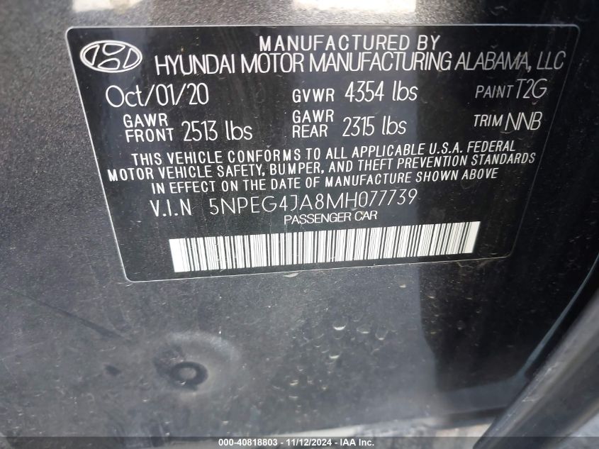 2021 Hyundai Sonata Se VIN: 5NPEG4JA8MH077739 Lot: 40818803