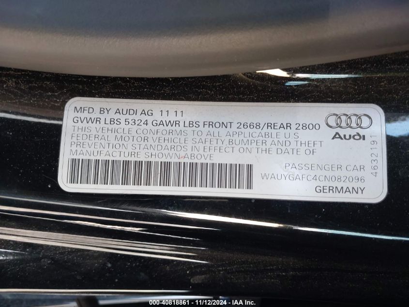 2012 Audi A7 Premium VIN: WAUYGAFC4CN082096 Lot: 40818861