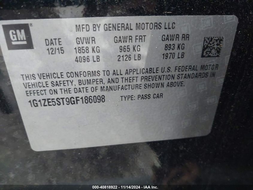 2016 CHEVROLET MALIBU VIN: 1G1ZE5ST9GF186098
