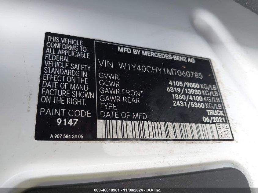 VIN W1Y40CHY1MT060785 2021 Mercedes-Benz Sprinter 2... no.9