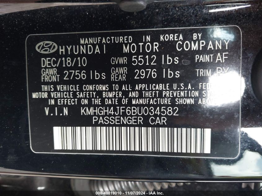 2011 Hyundai Equus Ultimate VIN: KMHGH4JF6BU034582 Lot: 40819010