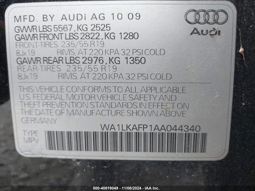 2010 Audi Q5 3.2 Premium VIN: WA1LKAFP1AA044340 Lot: 40819049