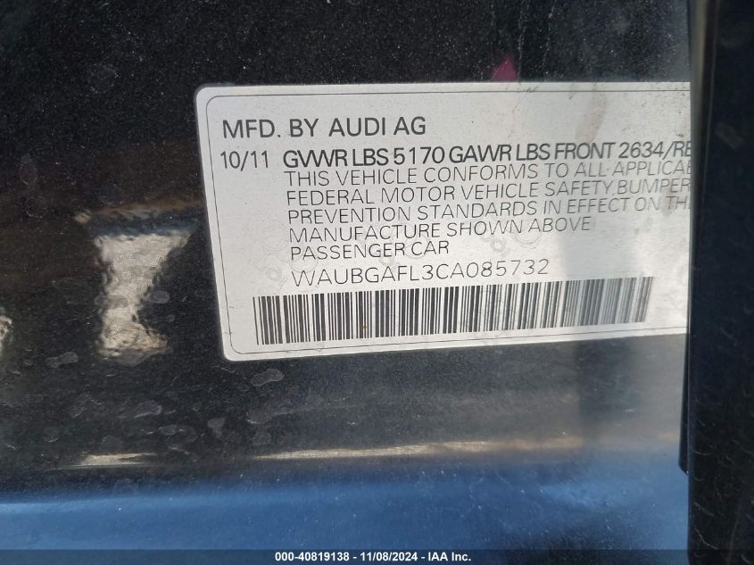 2012 Audi S4 3.0 Premium Plus VIN: WAUBGAFL3CA085732 Lot: 40819138