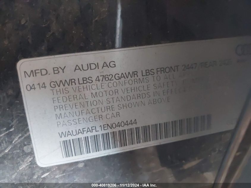 VIN WAUAFAFL1EN040444 2014 Audi A4, 2.0T Premium no.9