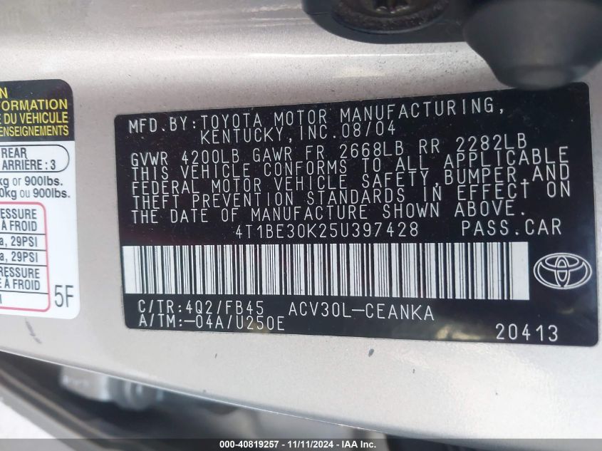 2005 Toyota Camry Le VIN: 4T1BE30K25U397428 Lot: 40819257