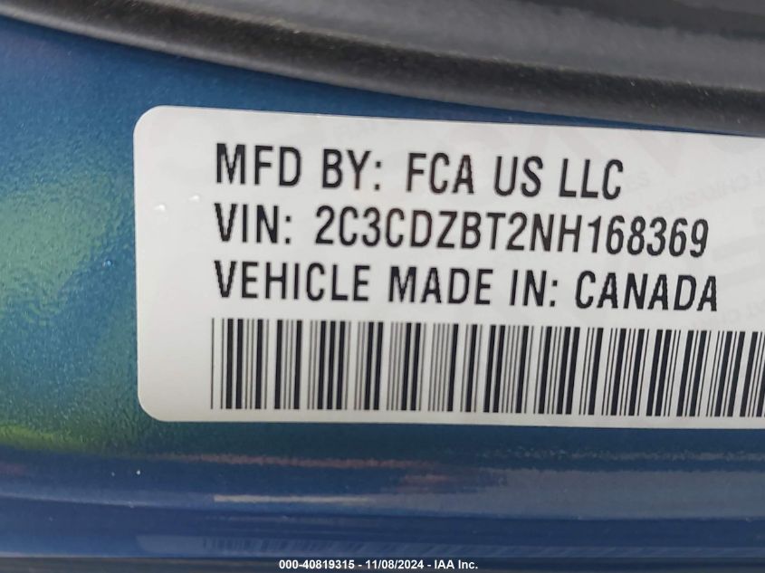 VIN 2C3CDZBT2NH168369 2022 DODGE CHALLENGER no.9