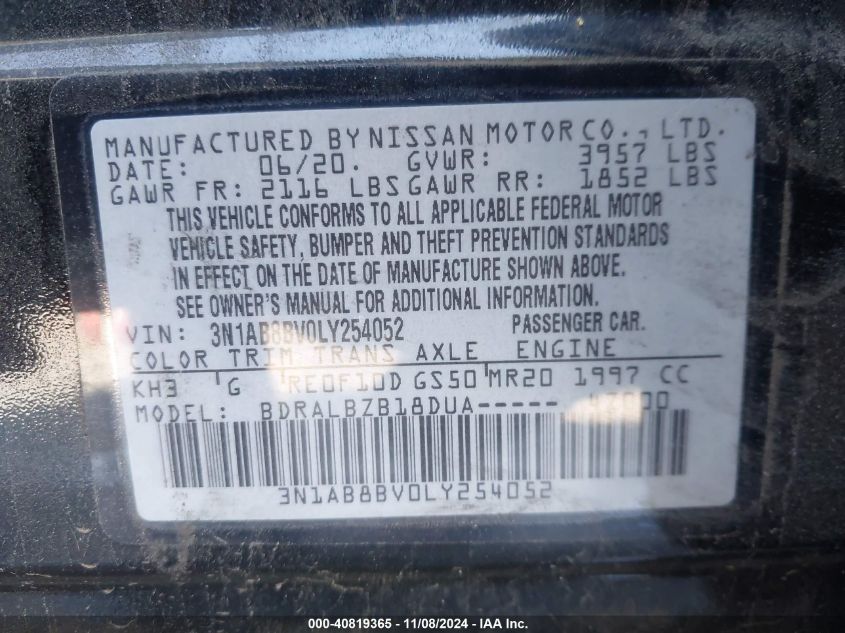 2020 Nissan Sentra S Xtronic Cvt VIN: 3N1AB8BV0LY254052 Lot: 40819365