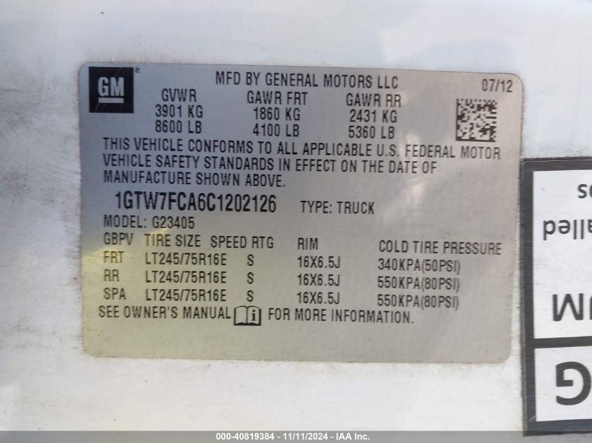 2012 GMC Savana Work Van VIN: 1GTW7FCA6C1202126 Lot: 40819384