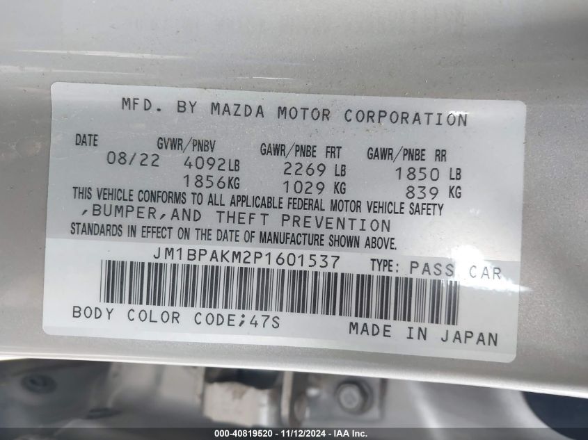 2023 Mazda Mazda3 2.5 S Select VIN: JM1BPAKM2P1601537 Lot: 40819520