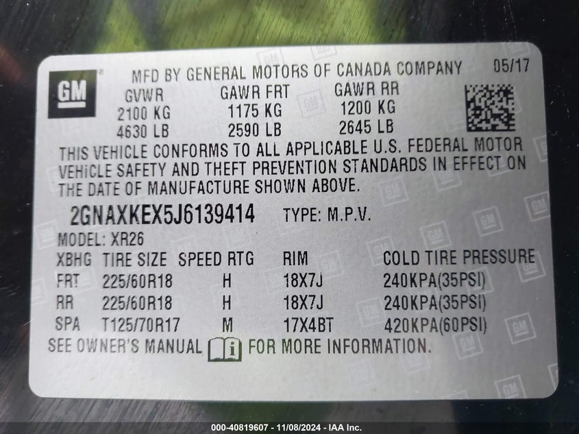 VIN 2GNAXKEX5J6139414 2018 CHEVROLET EQUINOX LT