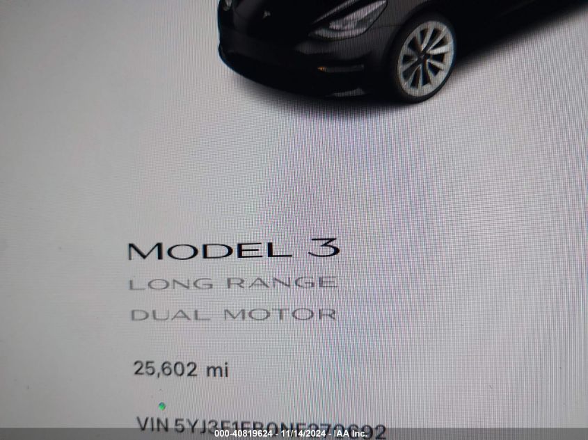 2022 Tesla Model 3 Long Range Dual Motor All-Wheel Drive VIN: 5YJ3E1EB0NF270692 Lot: 40819624