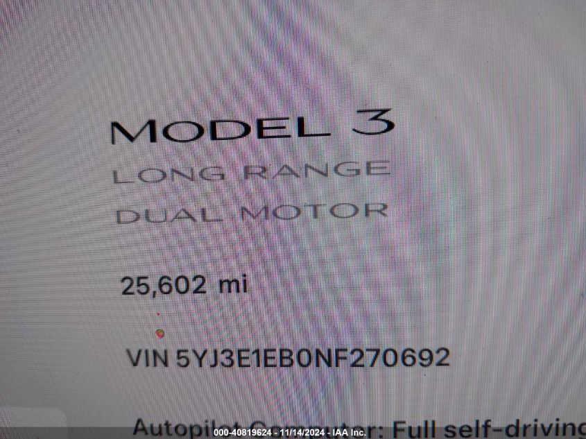 2022 Tesla Model 3 Long Range Dual Motor All-Wheel Drive VIN: 5YJ3E1EB0NF270692 Lot: 40819624