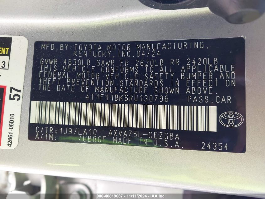 2024 TOYOTA CAMRY VIN: 4T1F11BK6RU130796