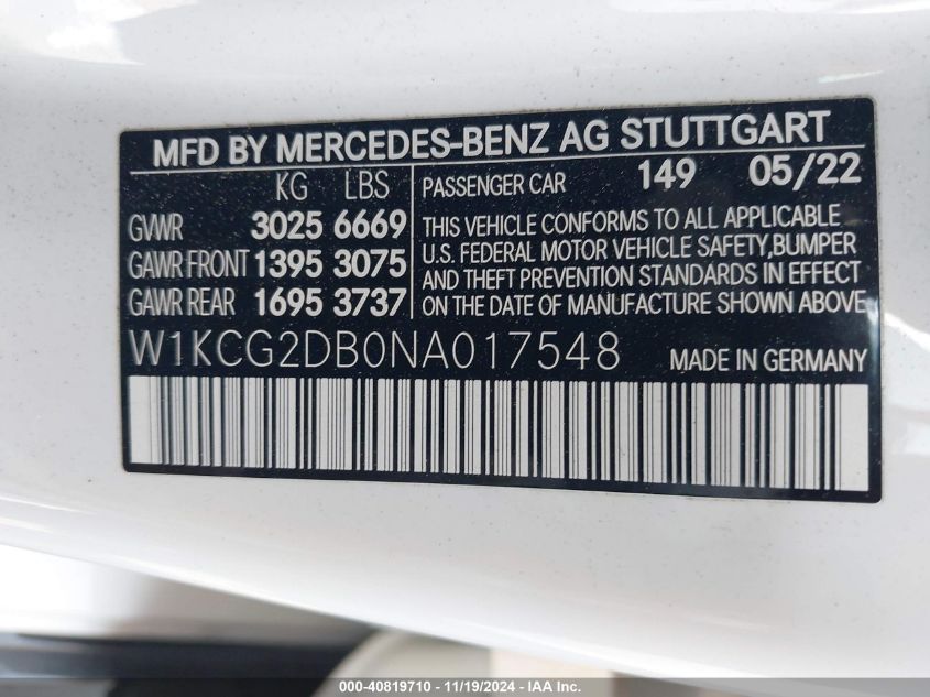 2022 Mercedes-Benz Eqs 450+ VIN: W1KCG2DB0NA017548 Lot: 40819710