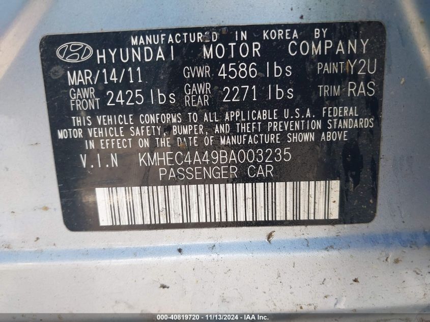 2011 Hyundai Sonata Hybrid VIN: KMHEC4A49BA003235 Lot: 40819720