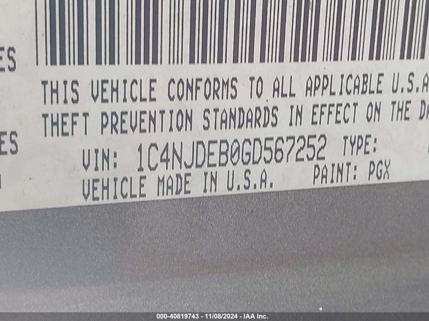 2016 Jeep Compass High Altitude Edition VIN: 1C4NJDEB0GD567252 Lot: 40819743