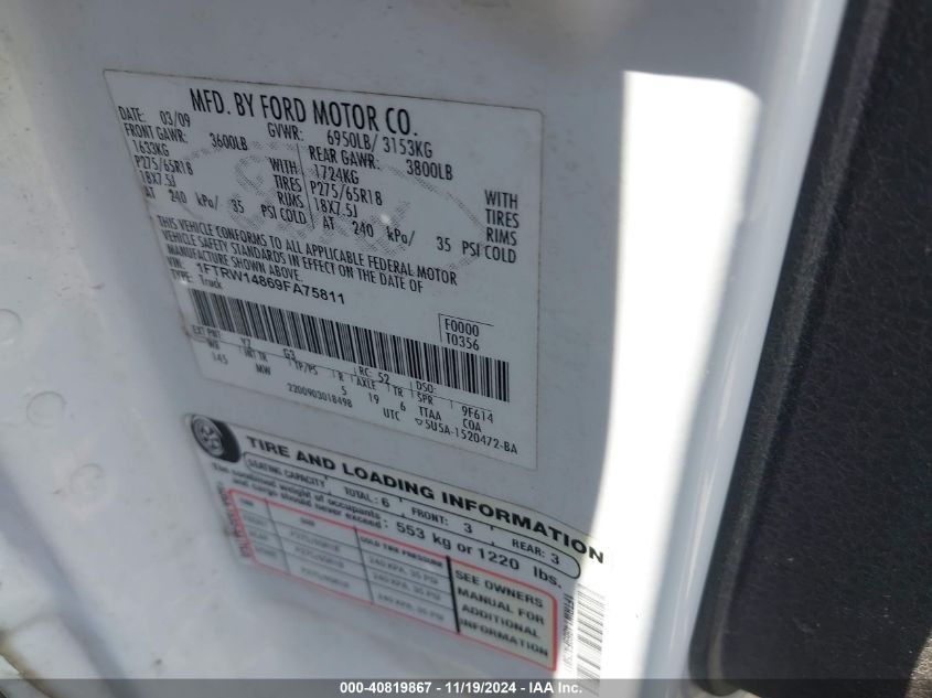 2009 Ford F-150 Xl/Xlt VIN: 1FTRW14869FA75811 Lot: 40819867