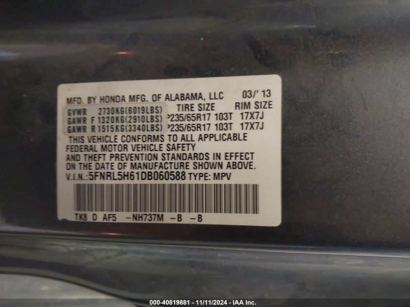 2013 Honda Odyssey Ex-L VIN: 5FNRL5H61DB060588 Lot: 40819881