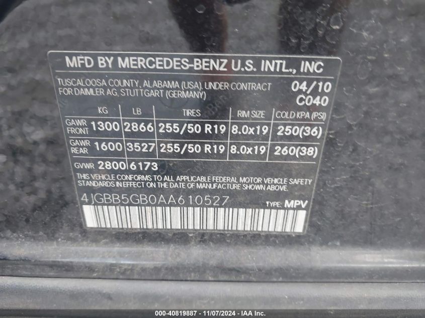 2010 Mercedes-Benz Ml 350 VIN: 4JGBB5GB0AA610527 Lot: 40819887